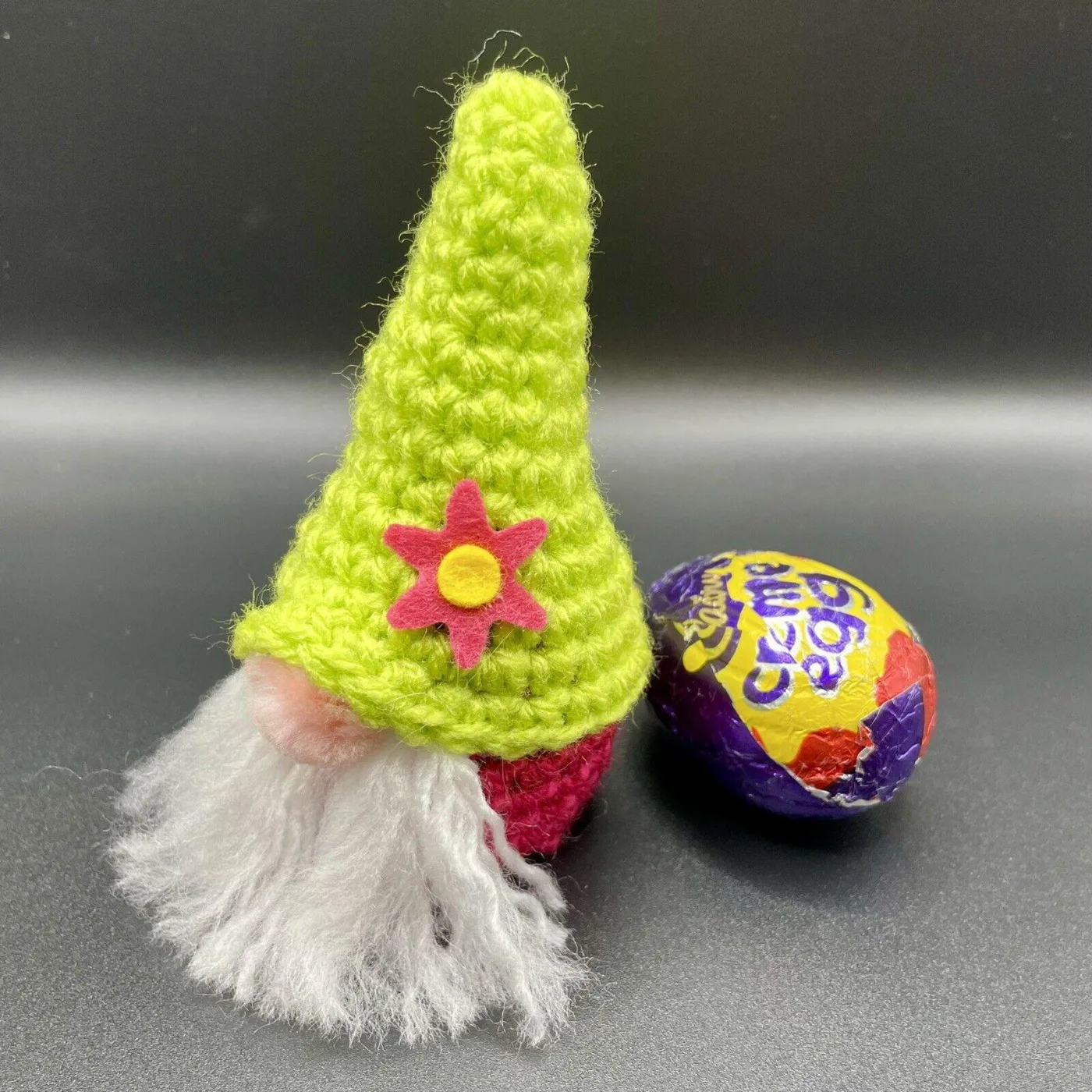 Hand knitted gnome creme egg cover
