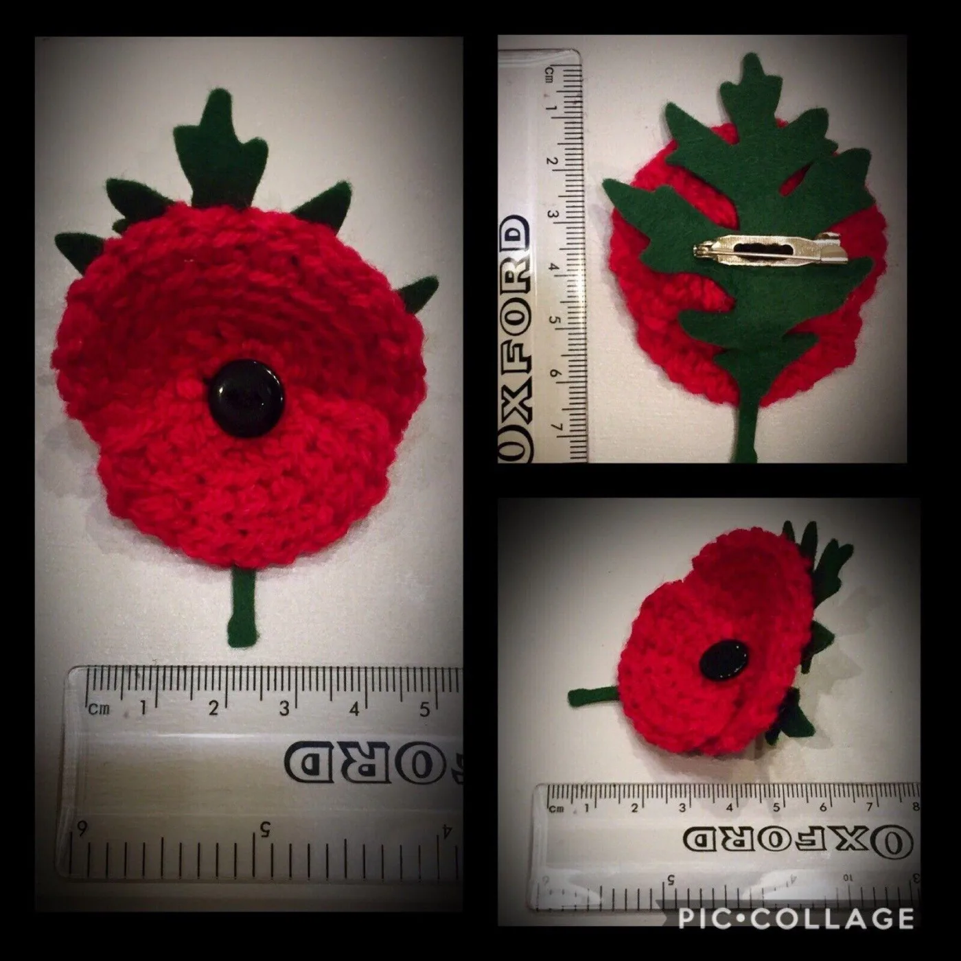 Knitted poppy with leaf ruler