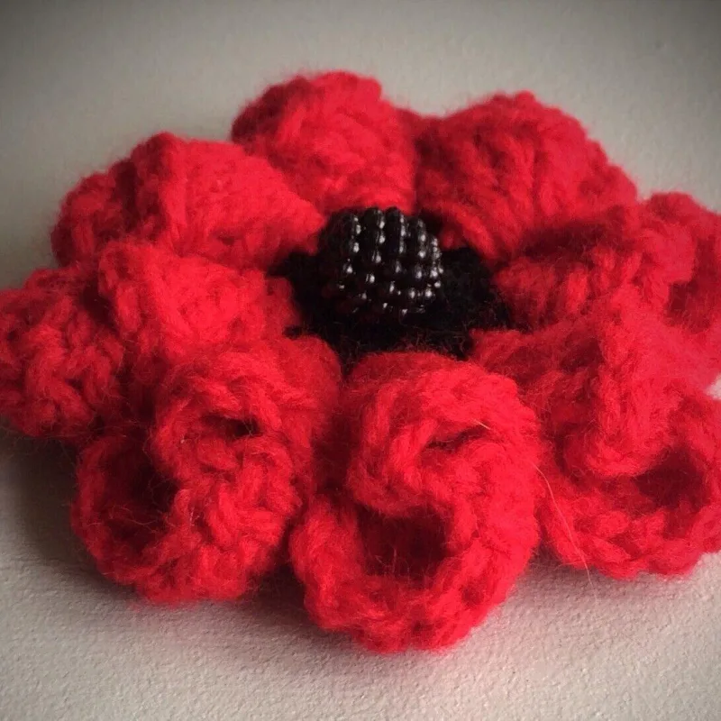 Knitted Crocheted 3D Red Poppy Brooch