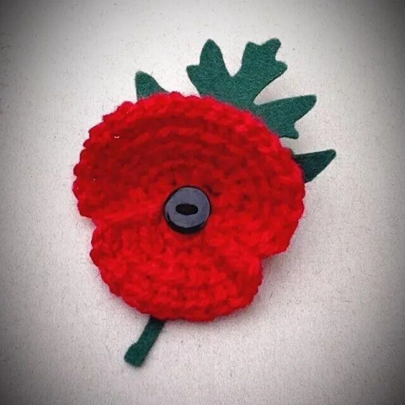Knitted Poppy Brooch With Leaf
